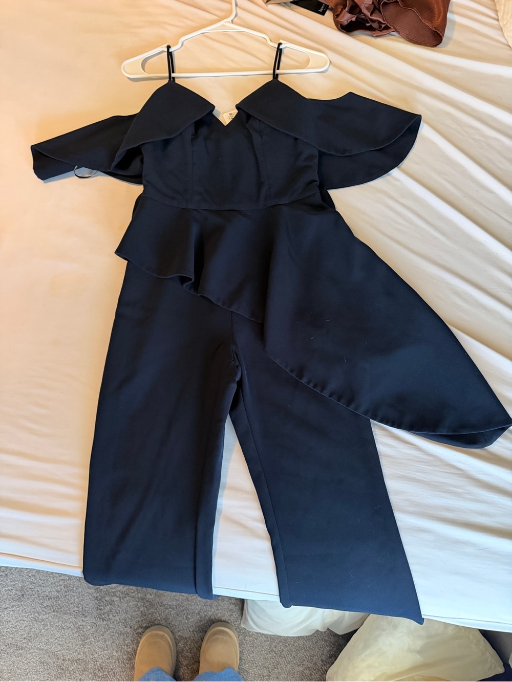 Christian Siriano Navy Off-Shoulder Ruffle Jumpsuit